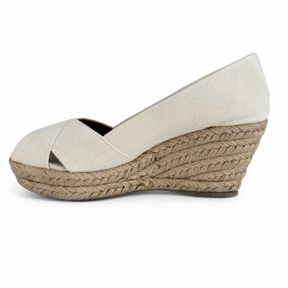 TORY BURCH Filipa Espadrille Wedges Cream Canvas Logo Summer Shoes size 7 - Picture 2 of 13
